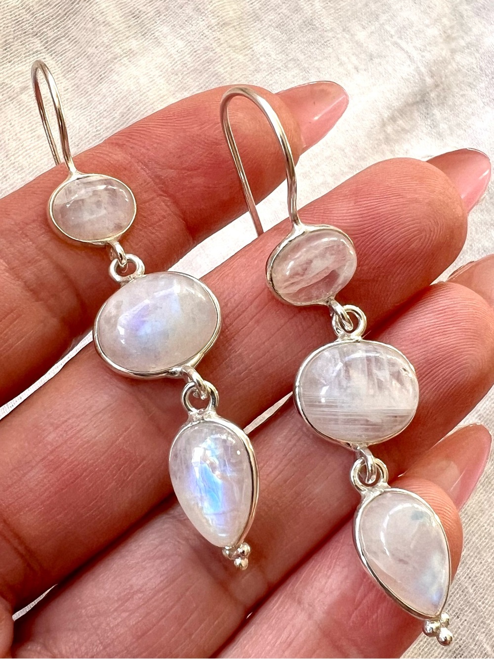 925 Enlightenment! Rainbow Flash Moonstone Triple Teardrop Earrings (2)